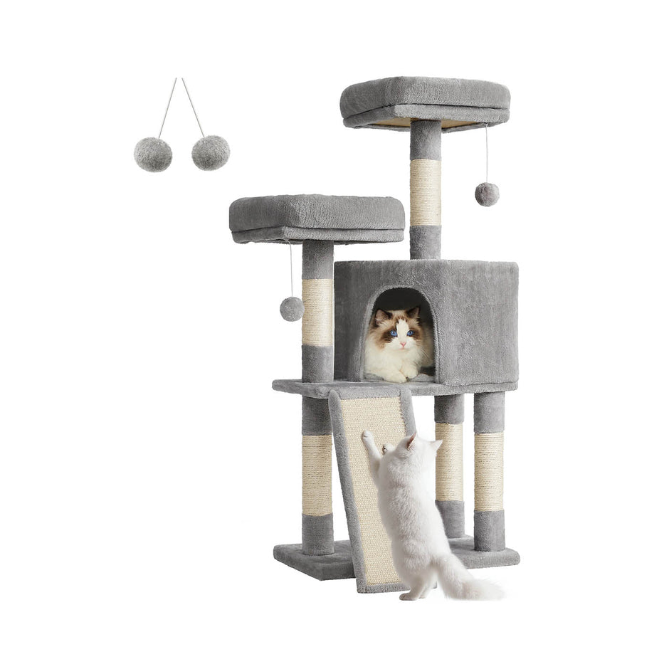 Cat Tower – Plywood – Light Grey – Includes Scratching Ramp