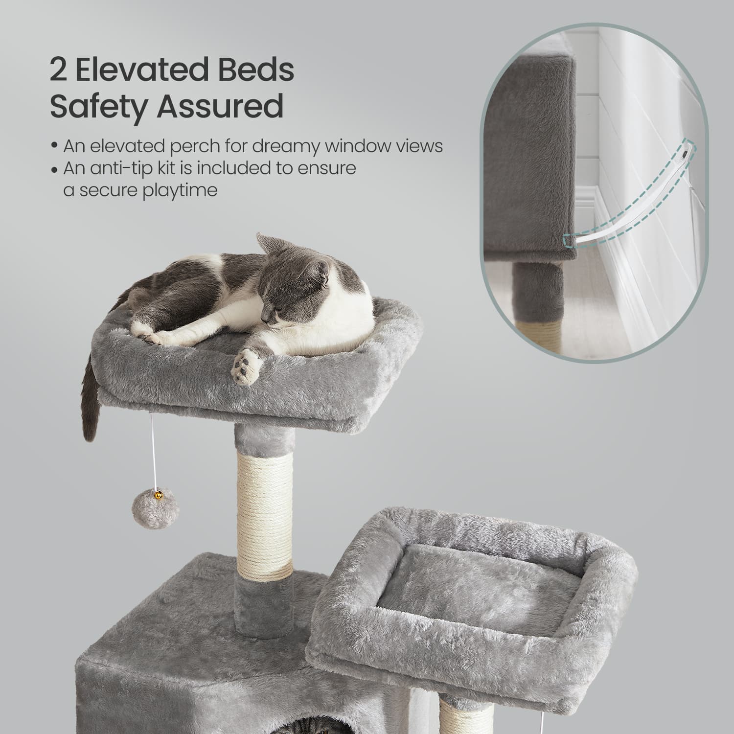 Cat Tower – Wood – Light Gray – Multi-Level with Scratching Post and Ramp for All Ages