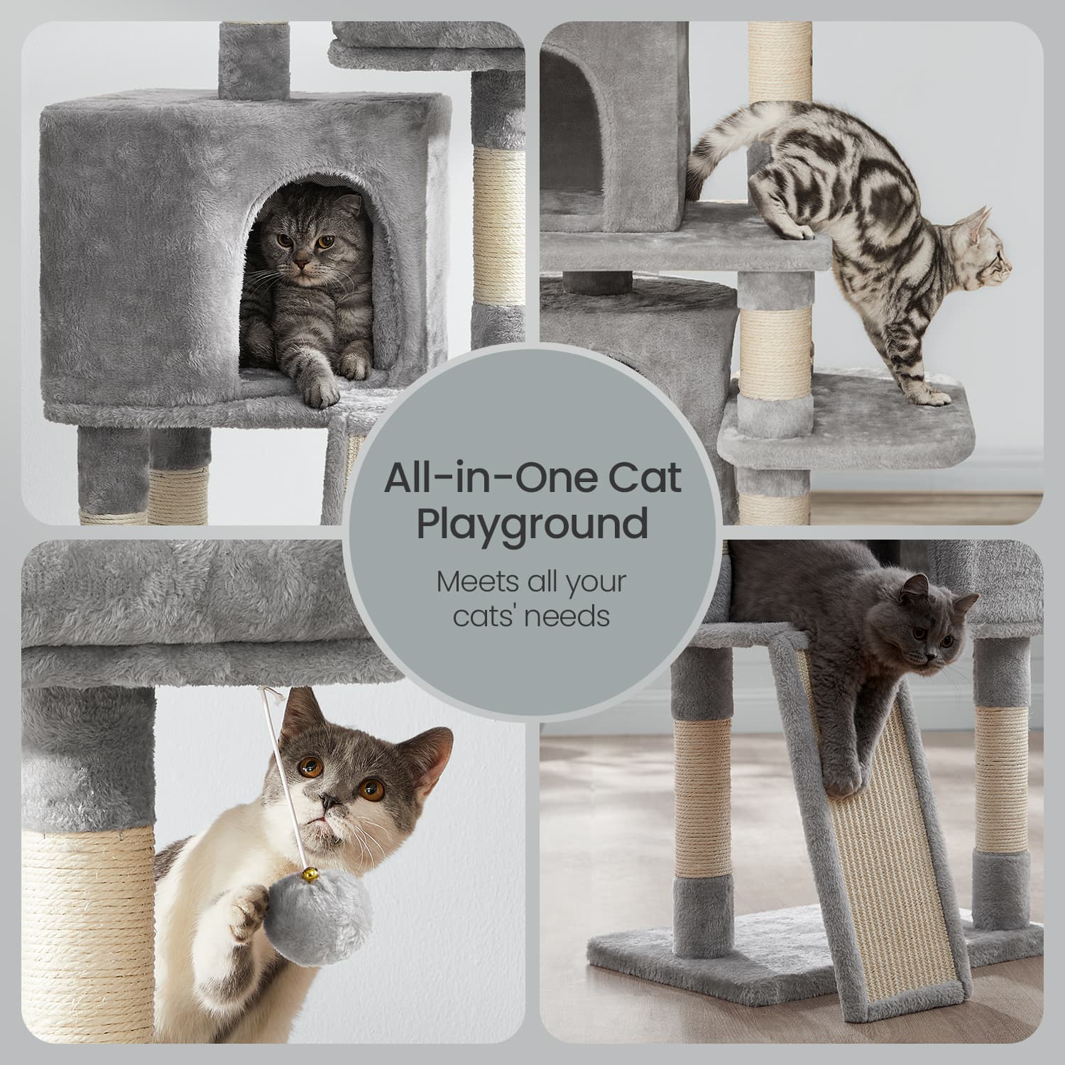 Cat Tower – Wood – Light Gray – Multi-Level with Scratching Post and Ramp for All Ages