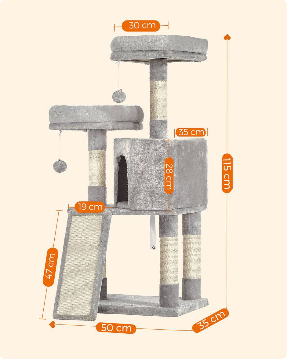 Cat Tower – Plywood – Light Grey – Includes Scratching Ramp