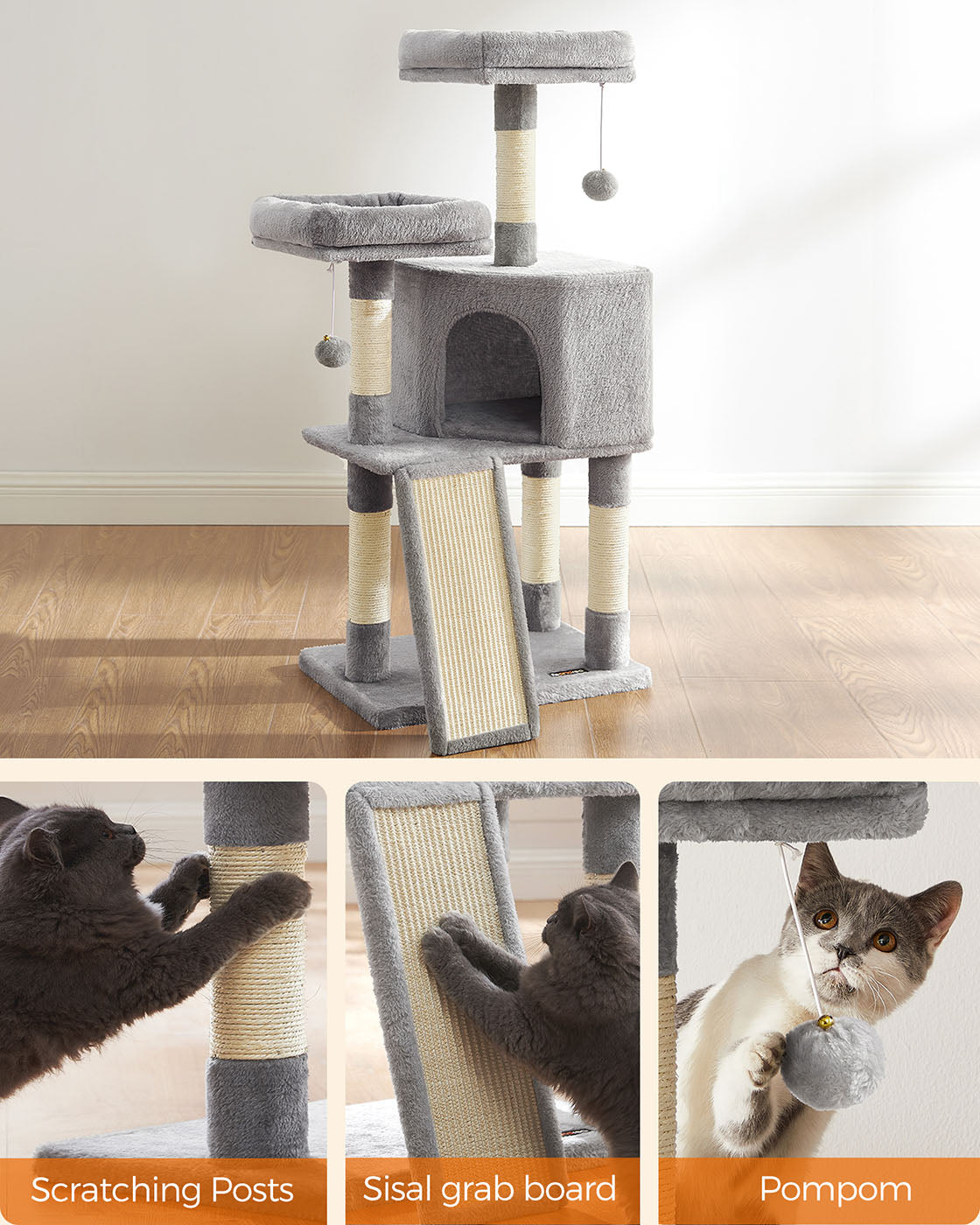 Cat Tower – Plywood – Light Grey – Includes Scratching Ramp