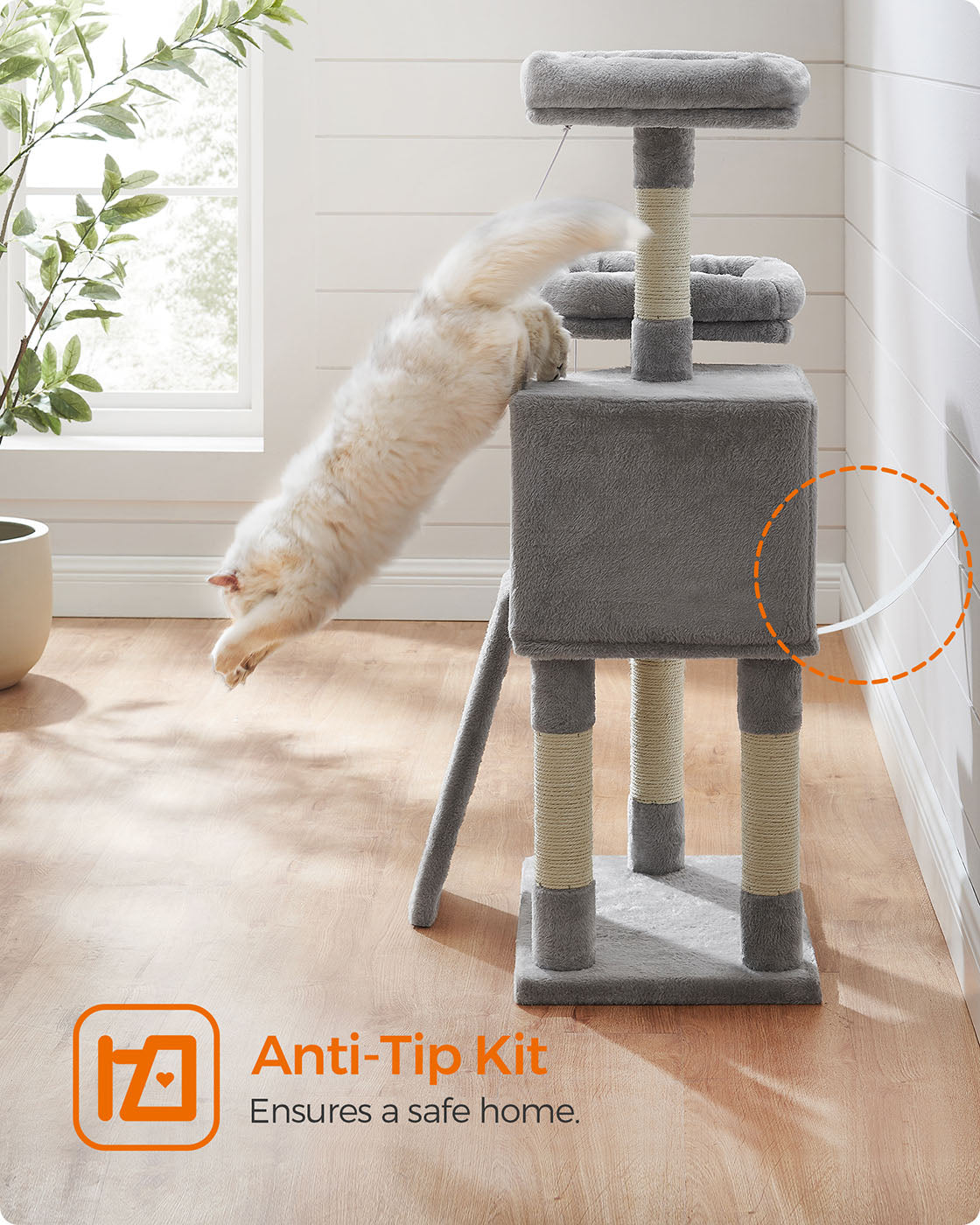 Cat Tower – Plywood – Light Grey – Includes Scratching Ramp