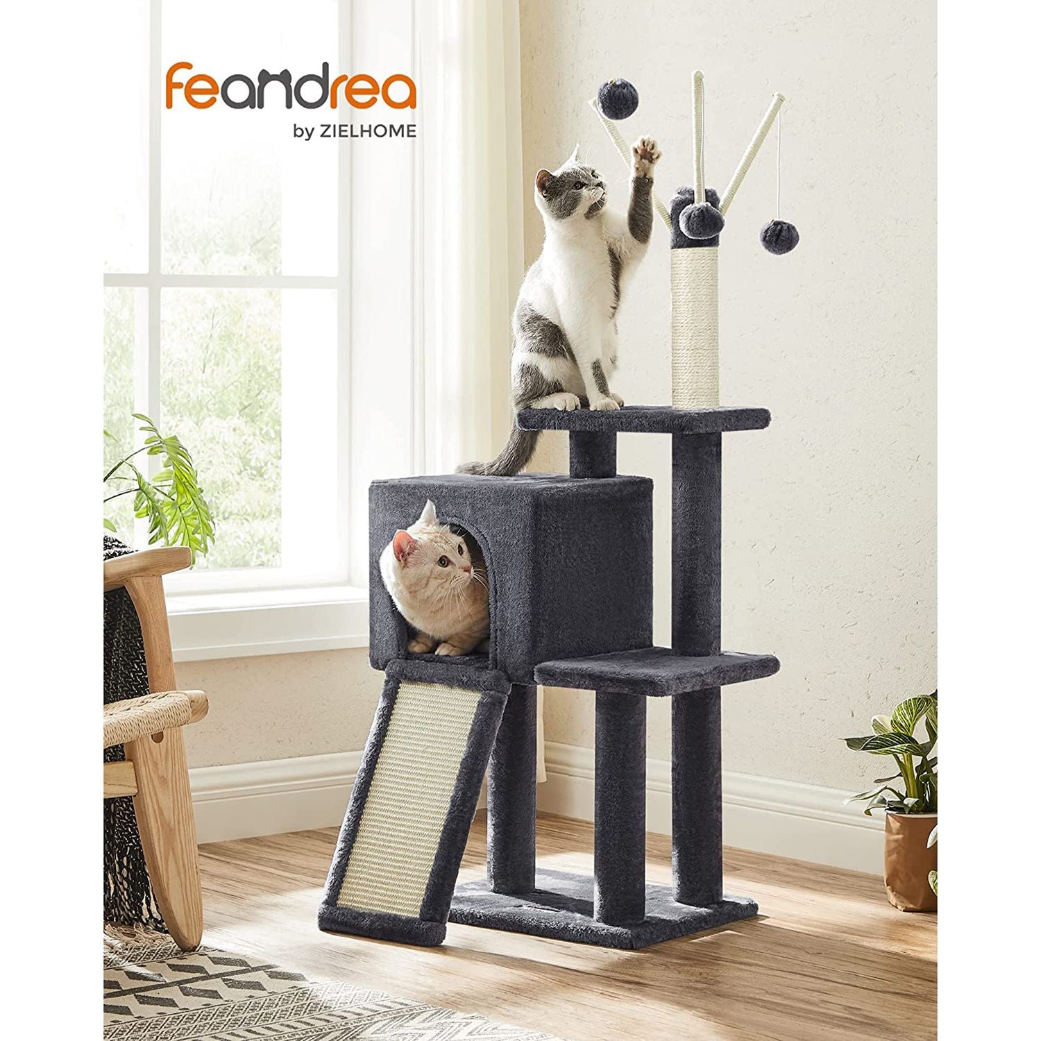Cat Tree – Engineered Wood – Light Grey – Multi-Level with Scratching Post