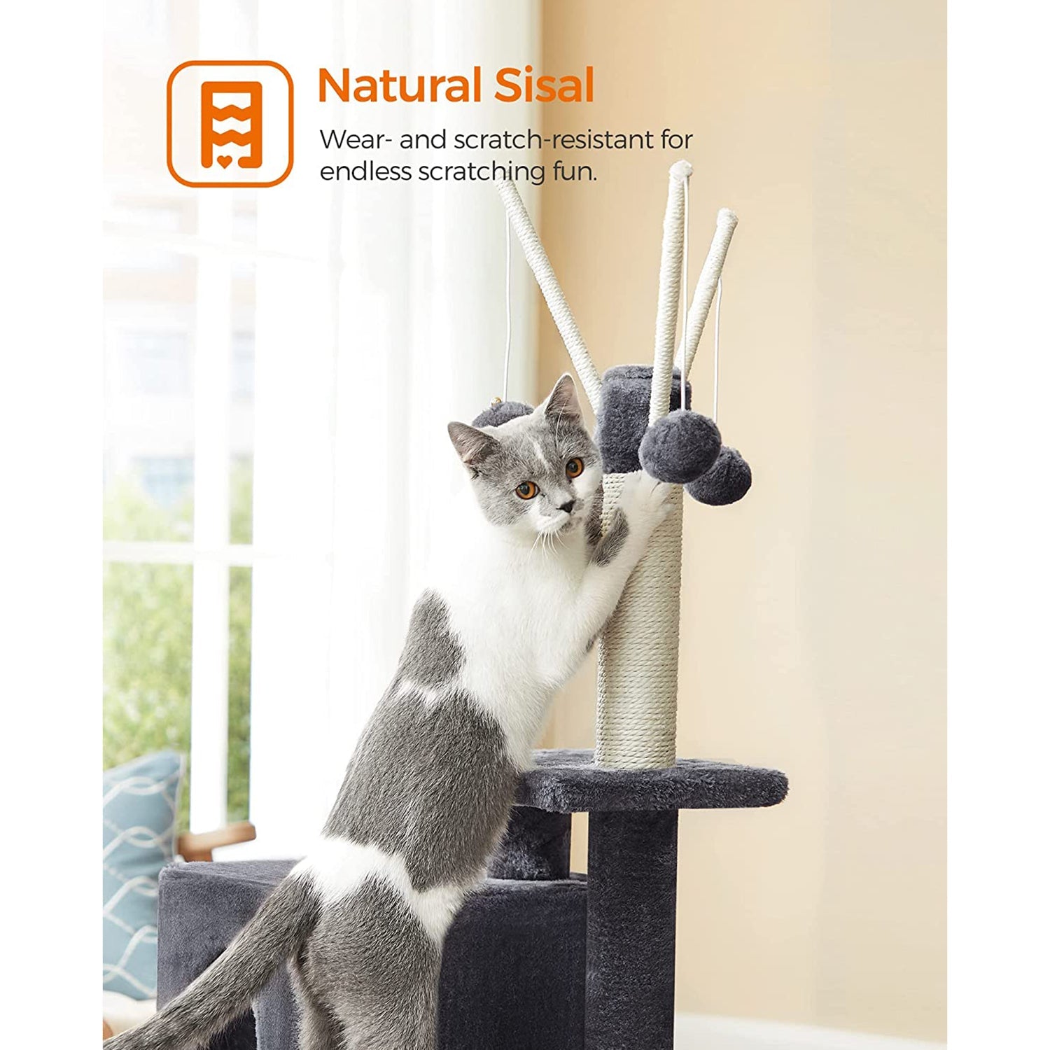 Cat Tree – Engineered Wood – Light Grey – Multi-Level with Scratching Post