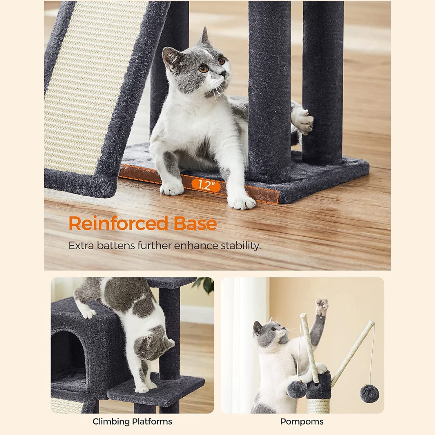 Cat Tree – Engineered Wood – Light Grey – Multi-Level with Scratching Post