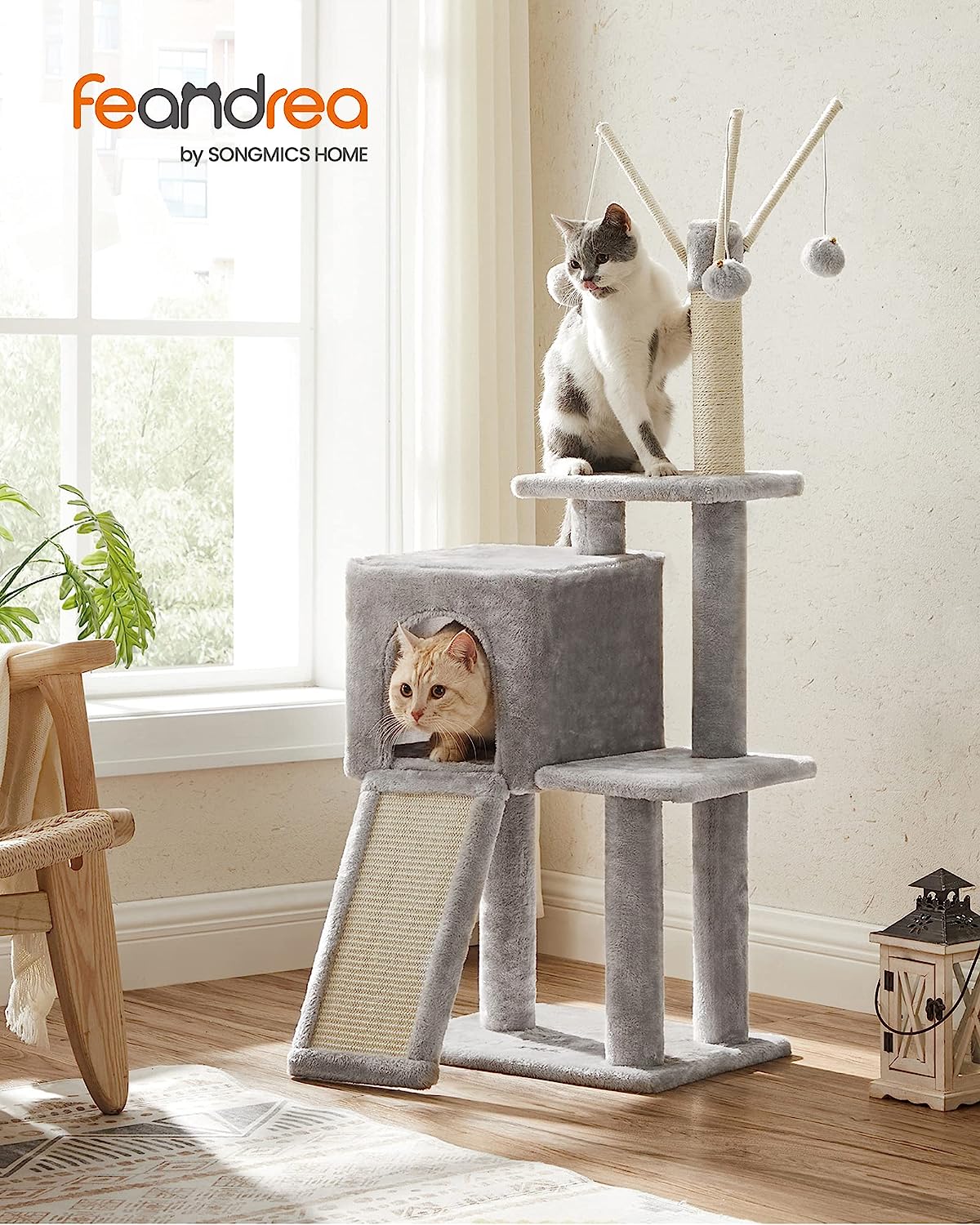 Cat Tree – Engineered Wood – Light Grey – Multi-Level with Scratching Post