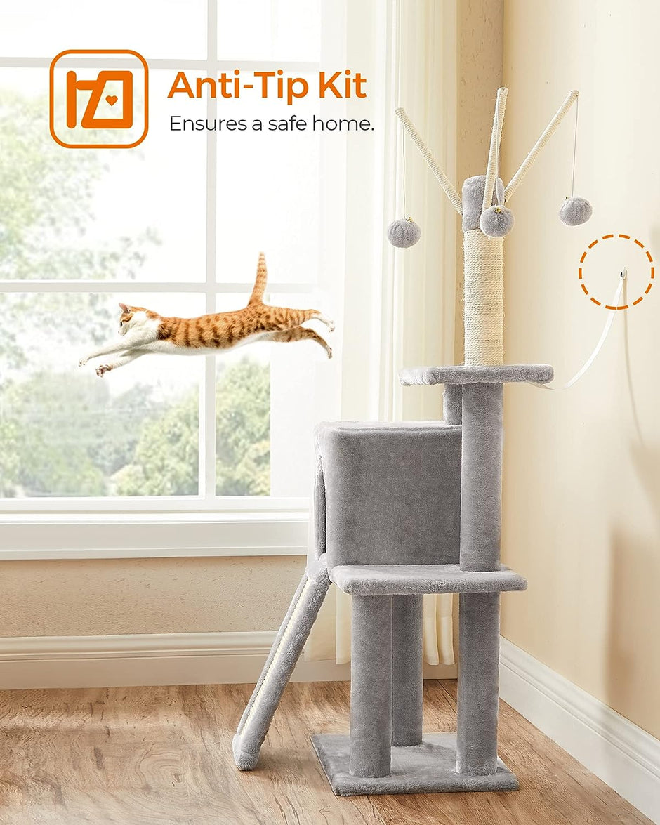 Cat Tree – Engineered Wood – Light Grey – Multi-Level with Scratching Post