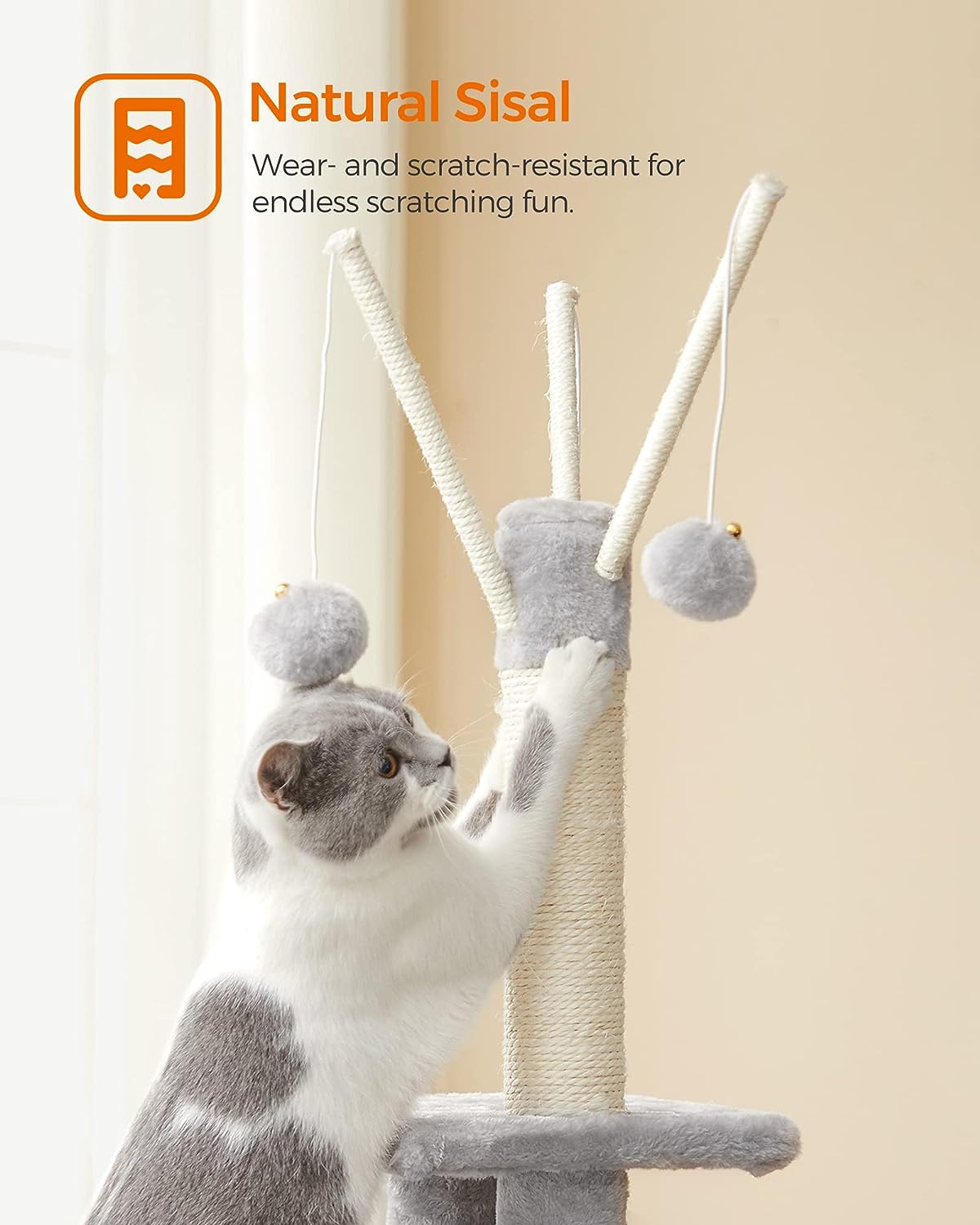 Cat Tree – Engineered Wood – Light Grey – Multi-Level with Scratching Post