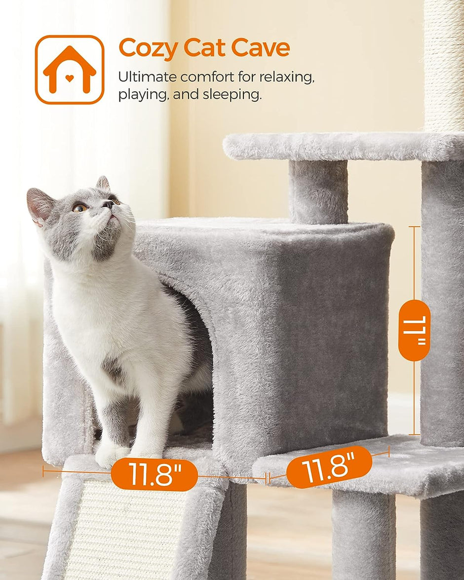 Cat Tree – Engineered Wood – Light Grey – Multi-Level with Scratching Post