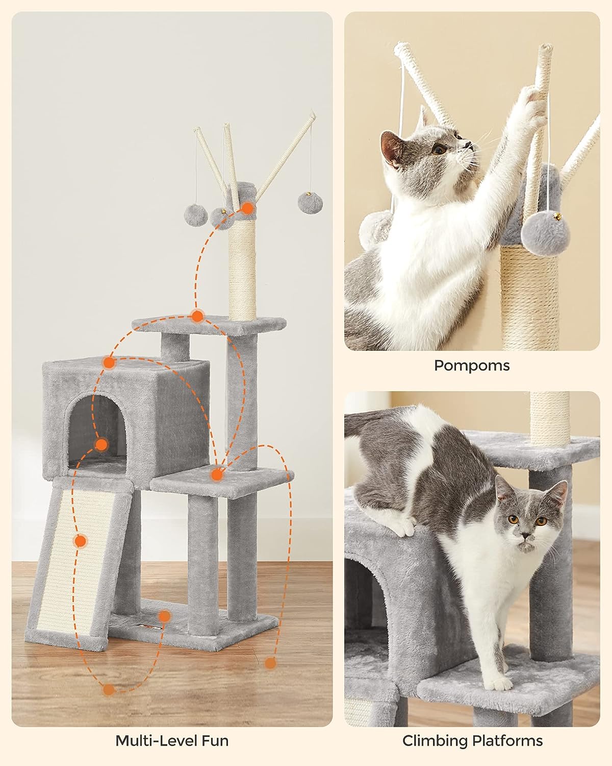 Cat Tree – Engineered Wood – Light Grey – Multi-Level with Scratching Post