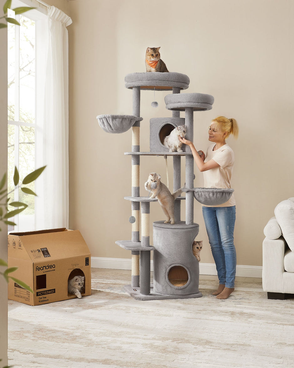 Cat Tower – Plush – Light Grey – Multi-Level with 2 Perches and 3 Caves