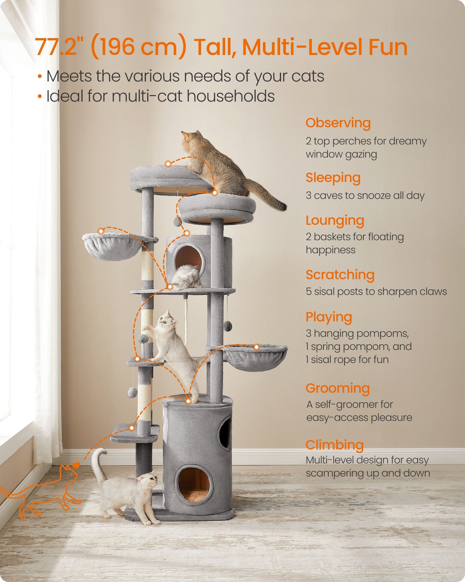 Cat Tower – Plush – Light Grey – Multi-Level with 2 Perches and 3 Caves