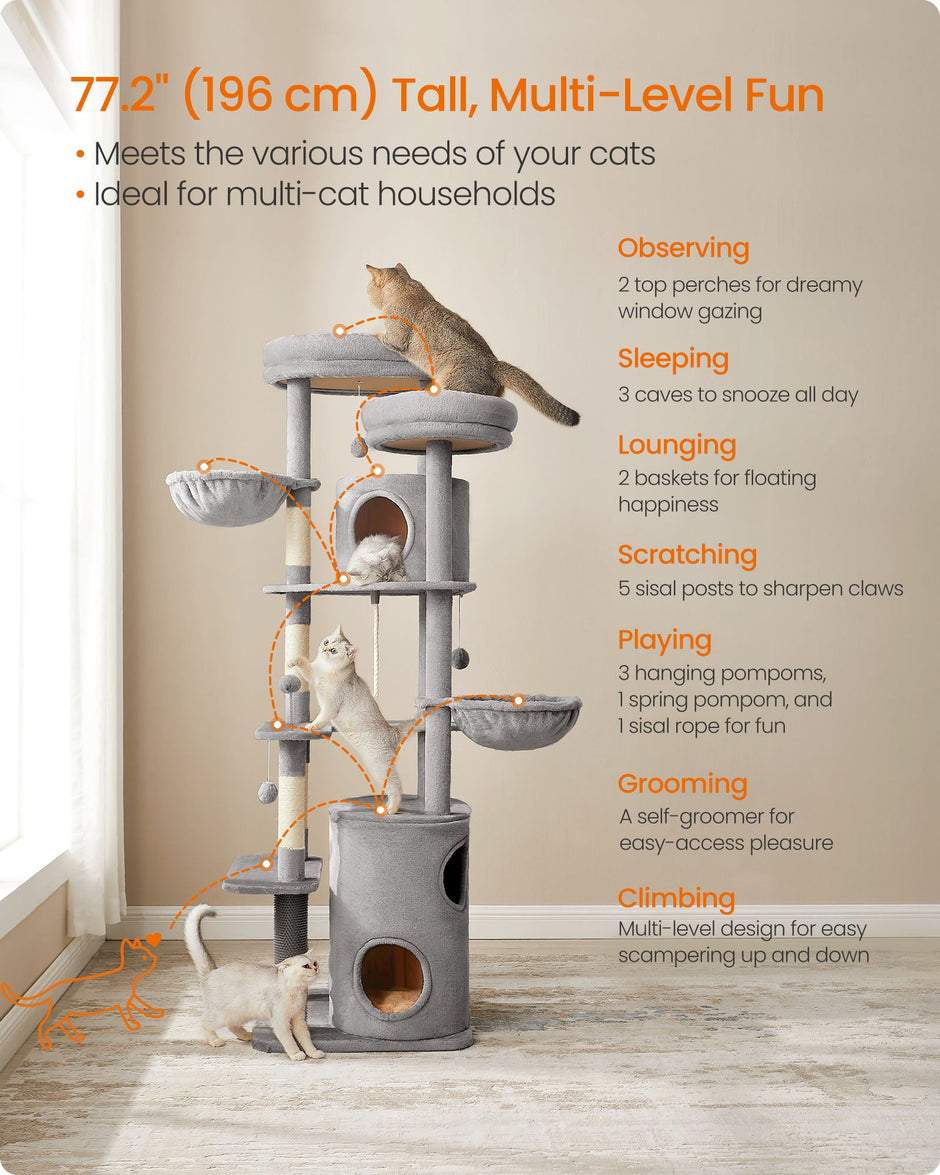 Cat Tower – Plush – Light Grey – Multi-Level with 2 Perches and 3 Caves