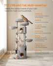 Cat Tower – Plush – Light Grey – Multi-Level with 2 Perches and 3 Caves
