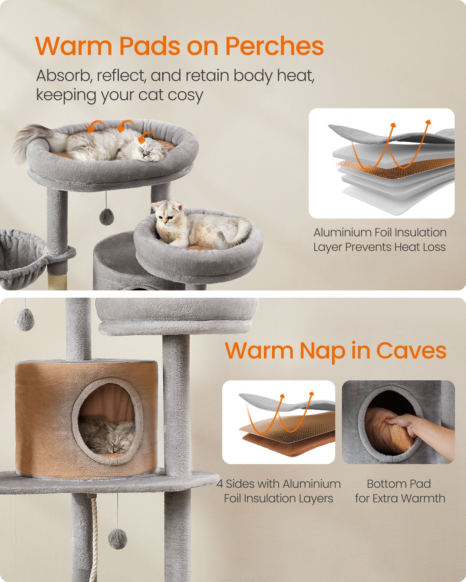 Cat Tower – Plush – Light Grey – Multi-Level with 2 Perches and 3 Caves