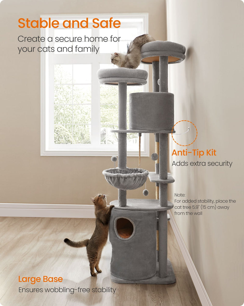 Cat Tower – Plush – Light Grey – Multi-Level with 2 Perches and 3 Caves