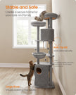 Cat Tower – Plush – Light Grey – Multi-Level with 2 Perches and 3 Caves