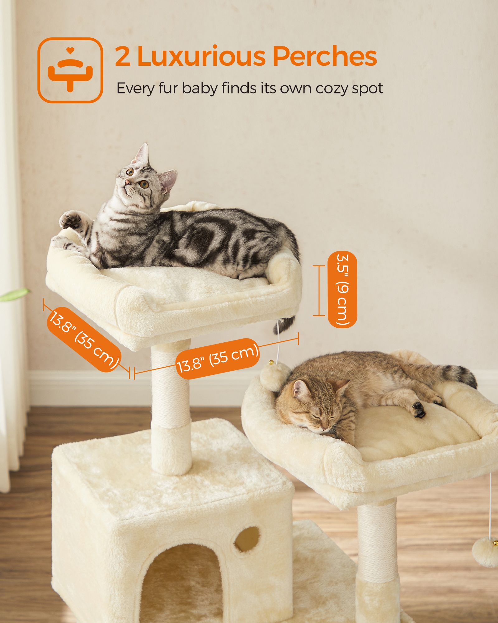 Cat Tree – Plush – Light Grey – Stable with Cat Cave, 143 cm