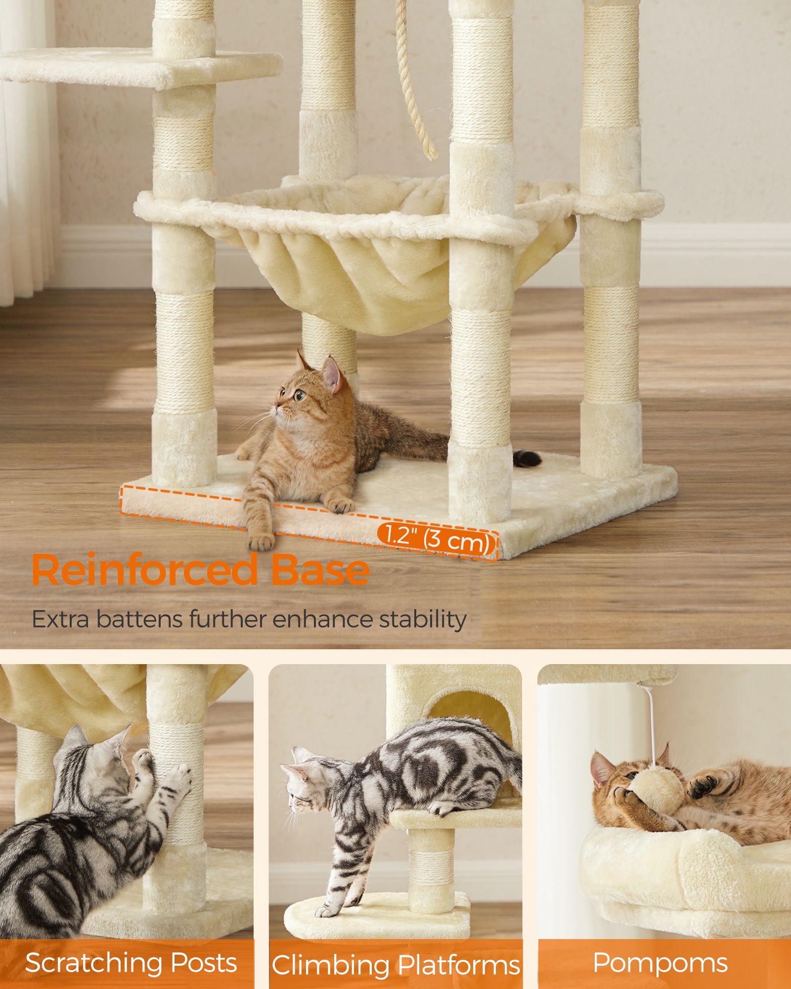 Cat Tree – Plush – Light Grey – Stable with Cat Cave, 143 cm
