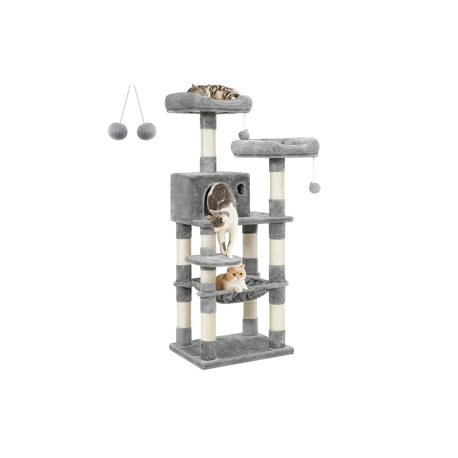 Cat Tree – Plush – Light Grey – Stable with Cat Cave, 143 cm
