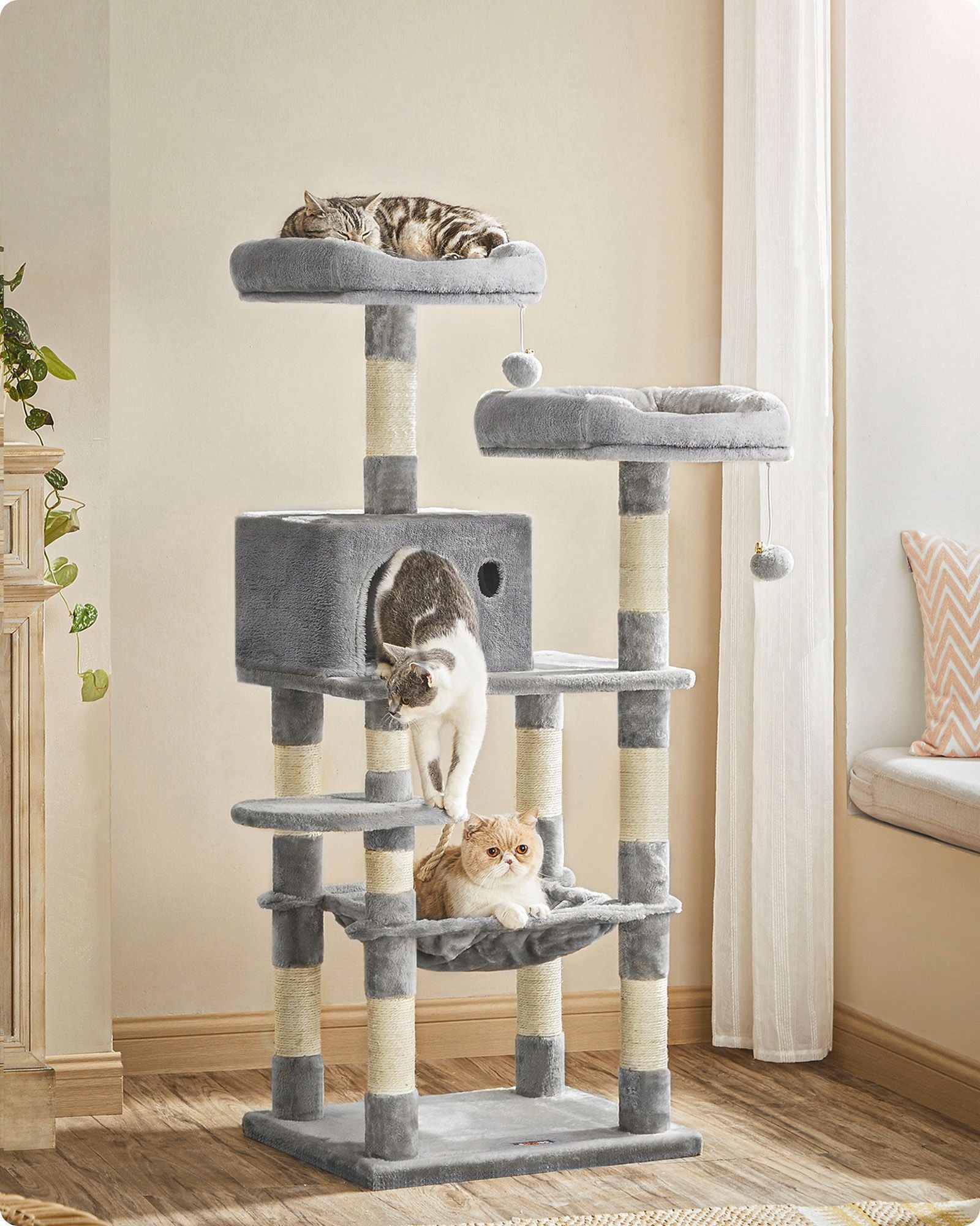 Cat Tree – Wood and Fabric – Light Grey – Dual Platforms with Cat Cave and Stability Features