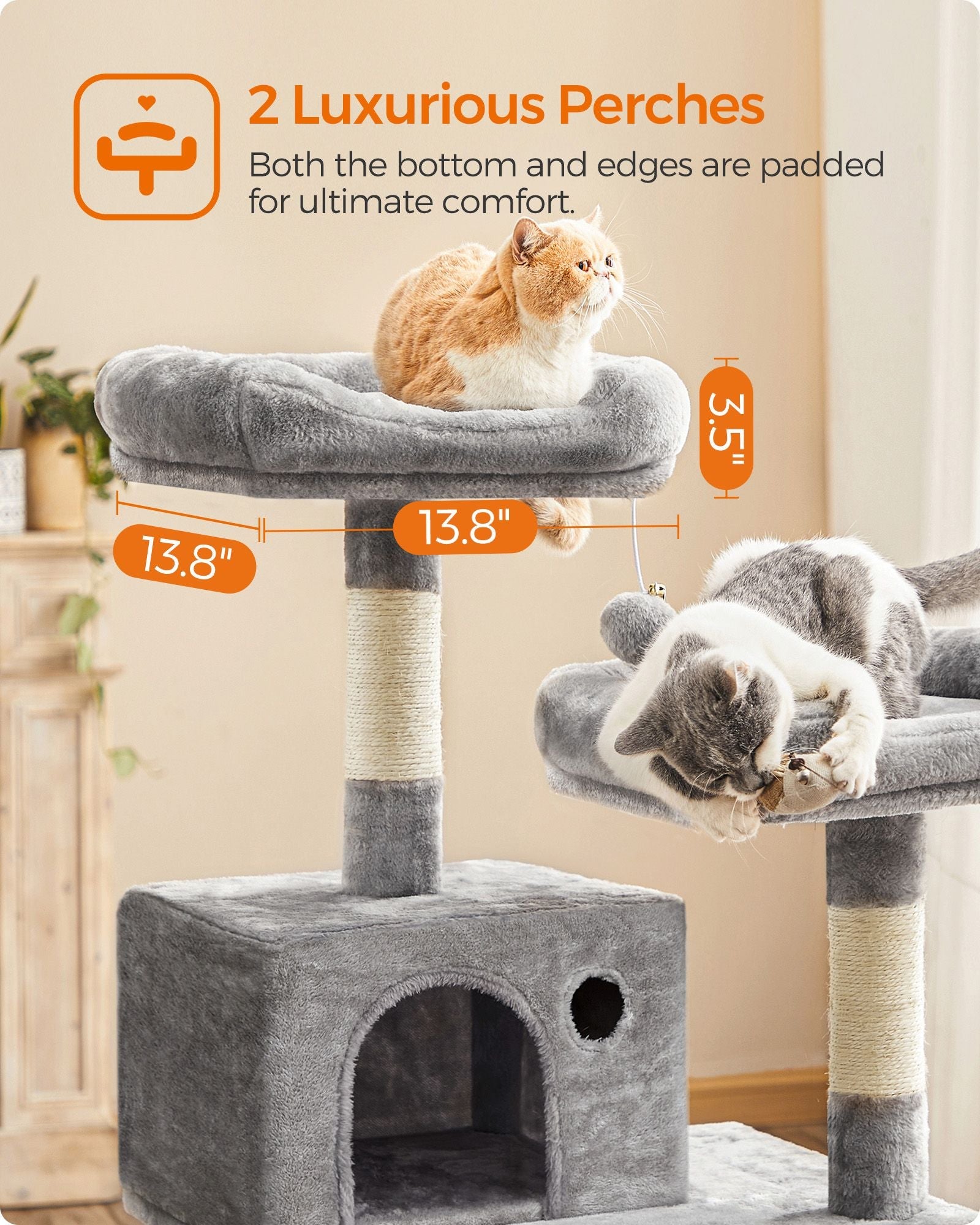 Cat Tree – Wood and Fabric – Light Grey – Dual Platforms with Cat Cave and Stability Features