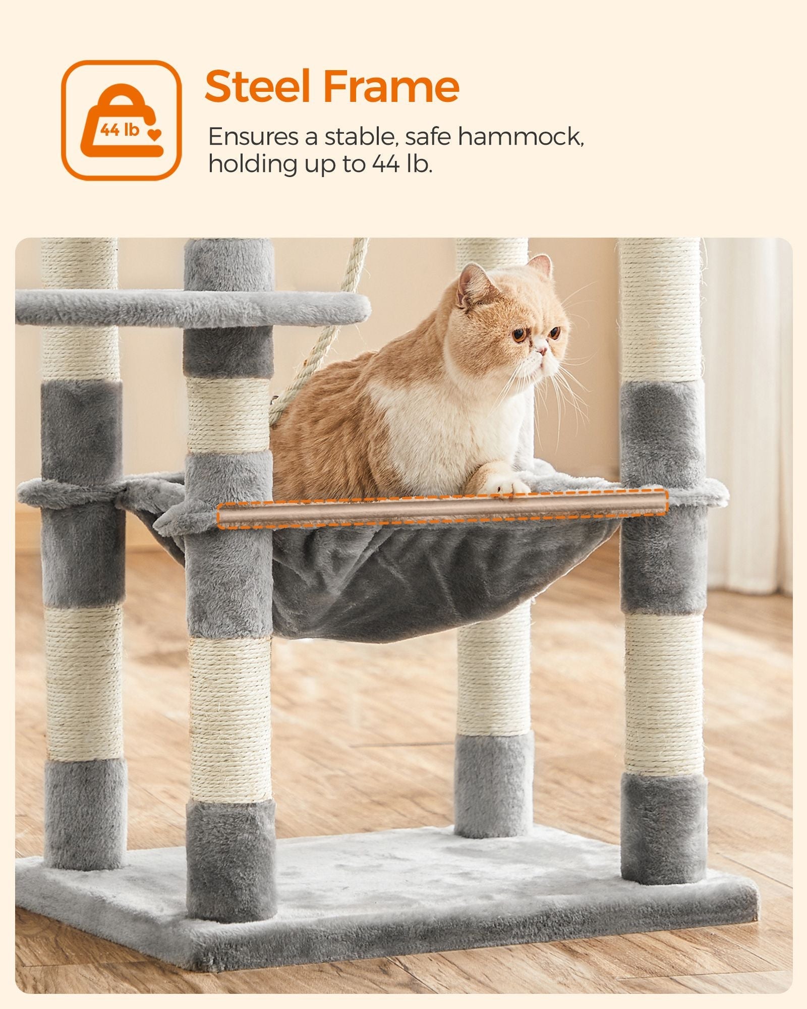 Cat Tree – Wood and Fabric – Light Grey – Dual Platforms with Cat Cave and Stability Features