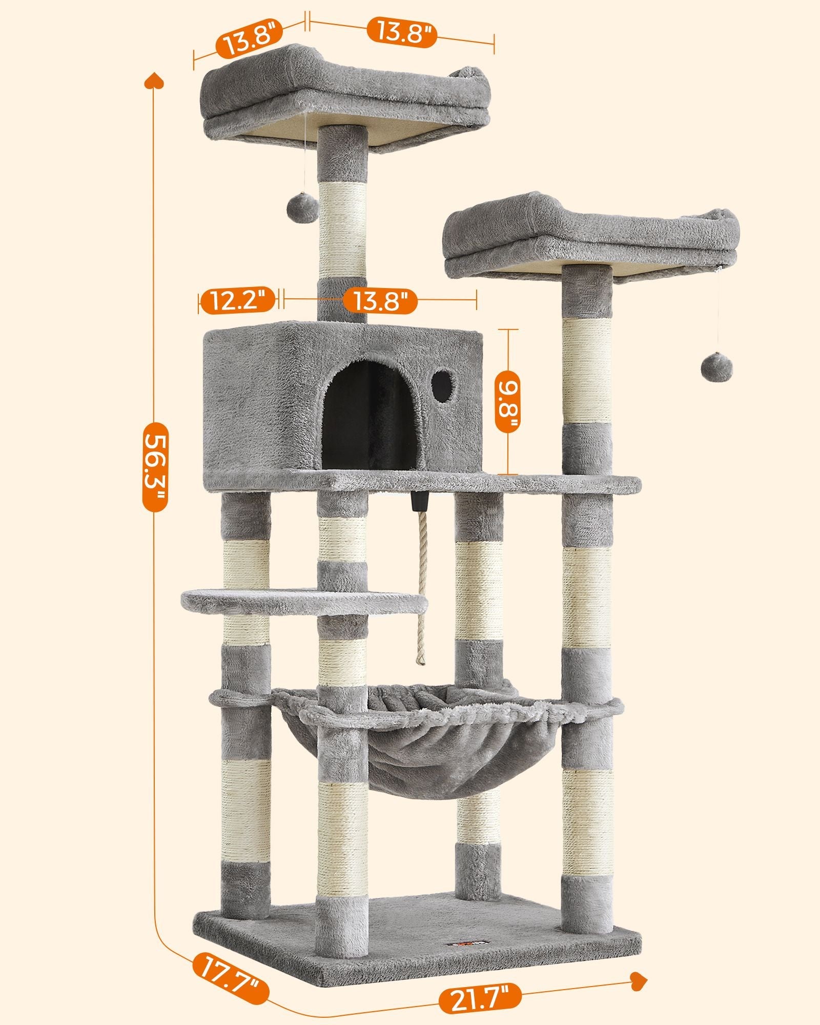 Cat Tree – Wood and Fabric – Light Grey – Dual Platforms with Cat Cave and Stability Features
