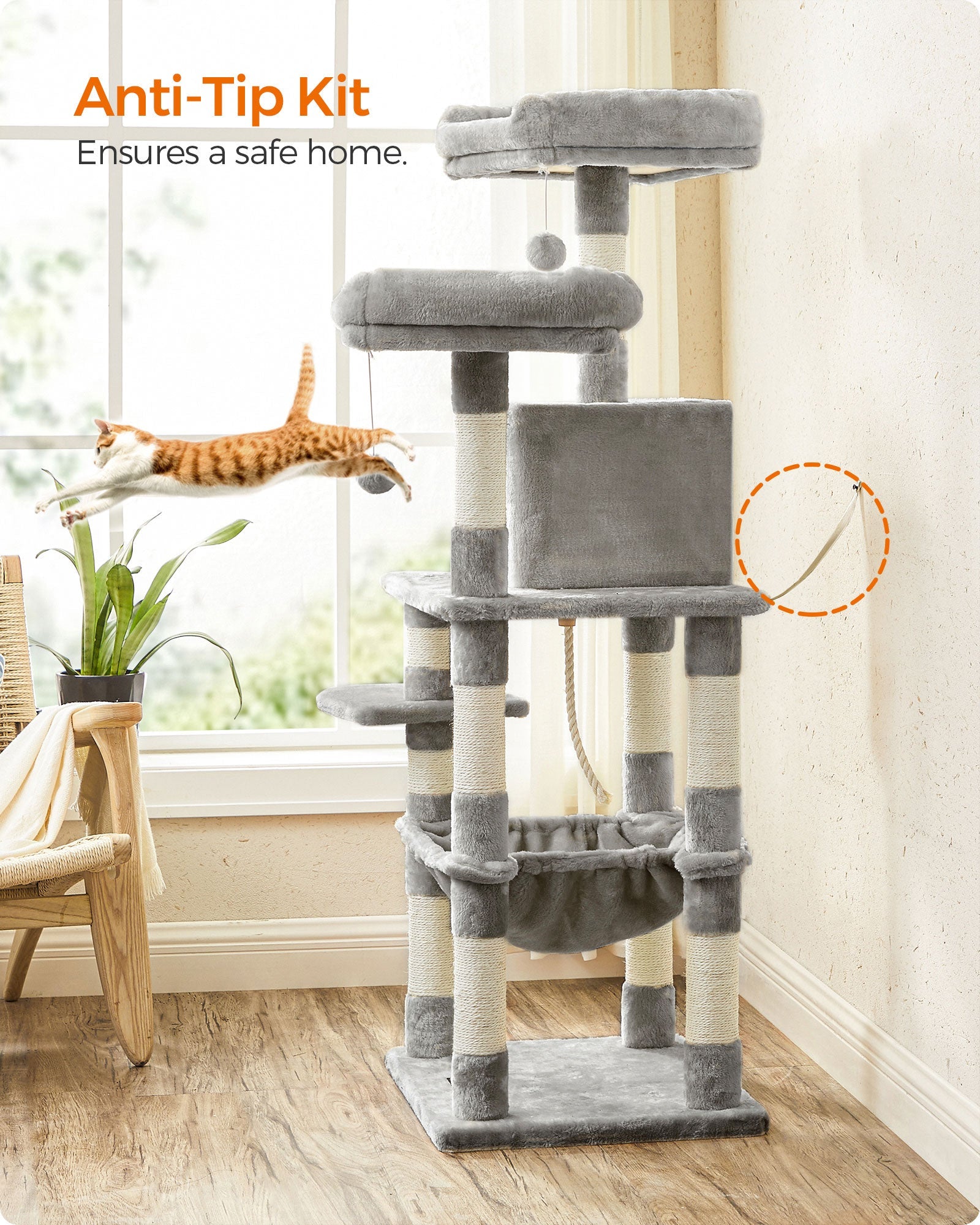 Cat Tree – Wood and Fabric – Light Grey – Dual Platforms with Cat Cave and Stability Features