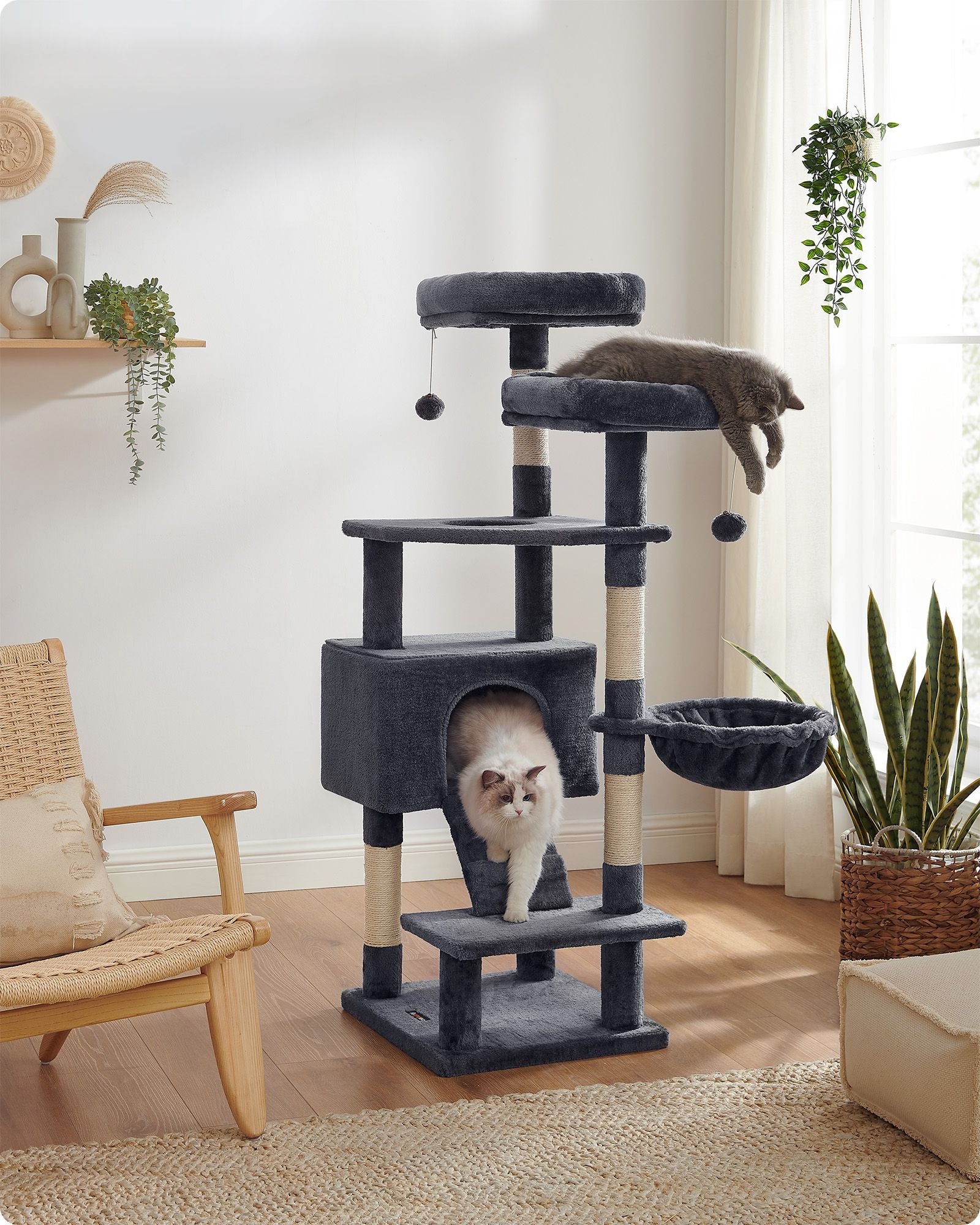 Cat Tree Tower – Wood and Plush – Light Grey – Multi-Level Activity Centre