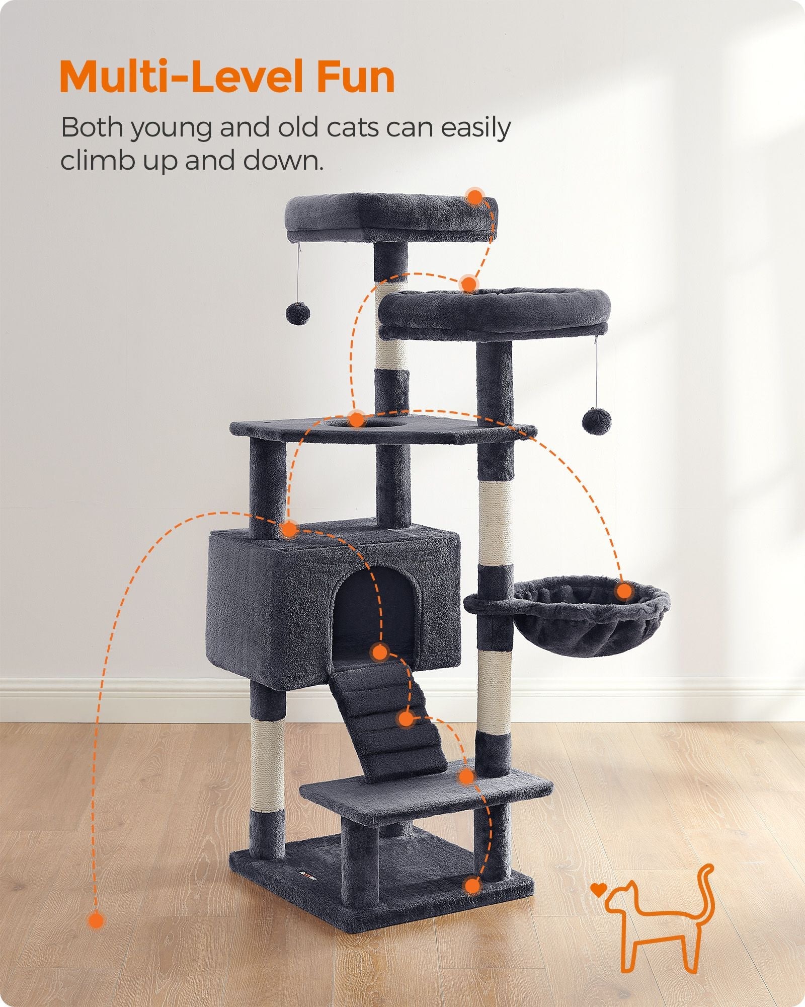 Cat Tree Tower – Wood and Plush – Light Grey – Multi-Level Activity Centre