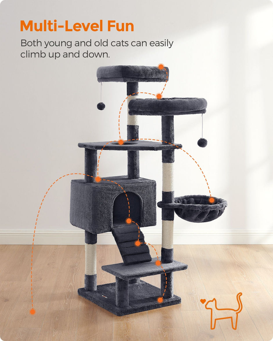 Cat Tree Tower – Wood and Plush – Light Grey – Multi-Level Activity Centre