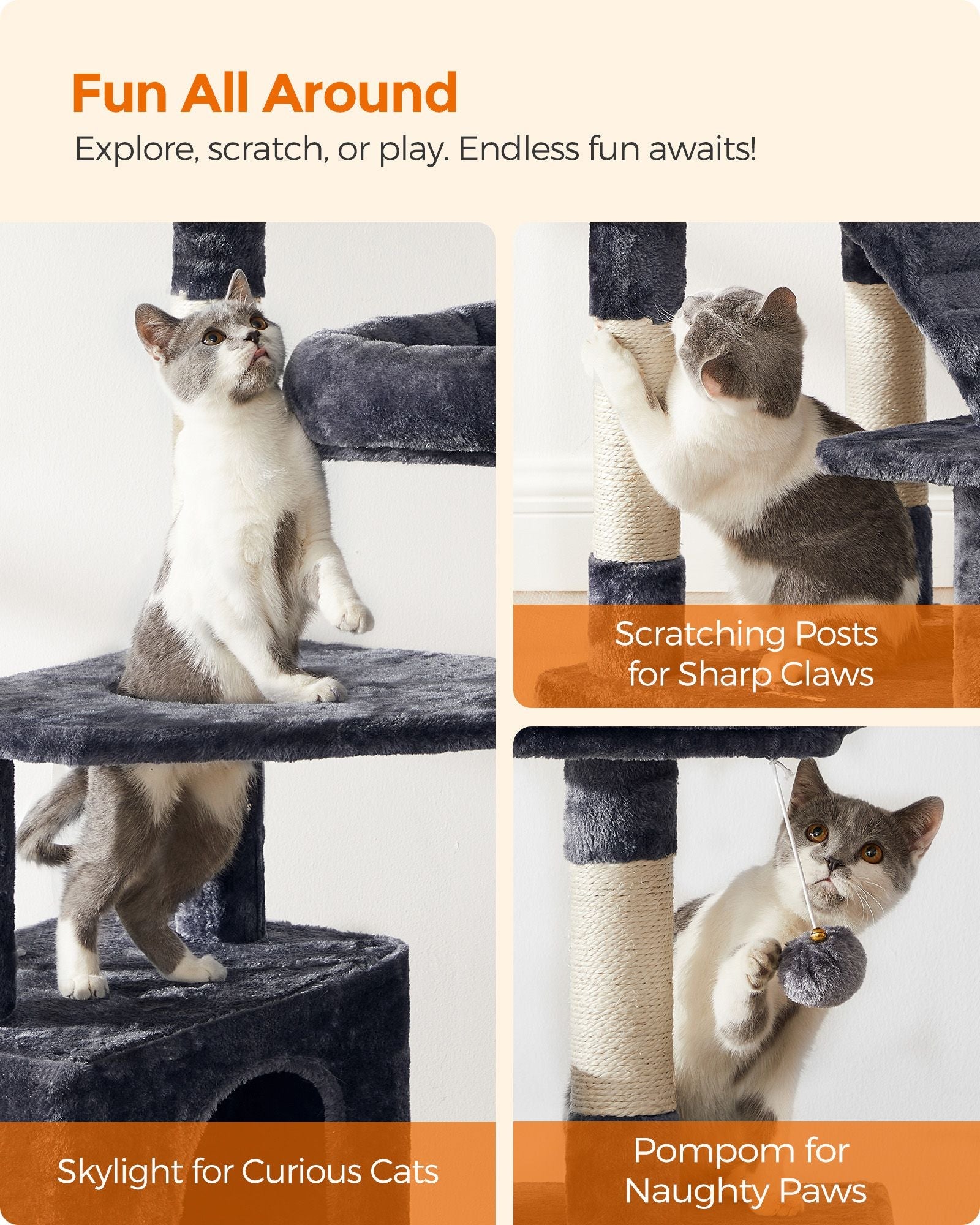 Cat Tree Tower – Wood and Plush – Light Grey – Multi-Level Activity Centre