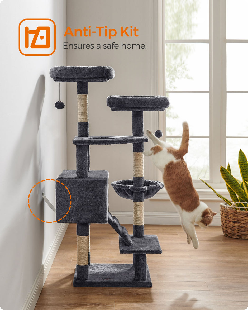 Cat Tree Tower – Wood and Plush – Light Grey – Multi-Level Activity Centre