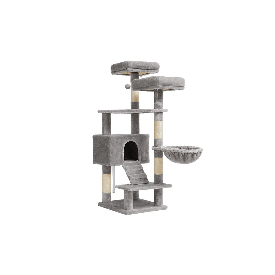 Cat Tower – Particle Board – Light Grey – Includes Hammock and Pompoms