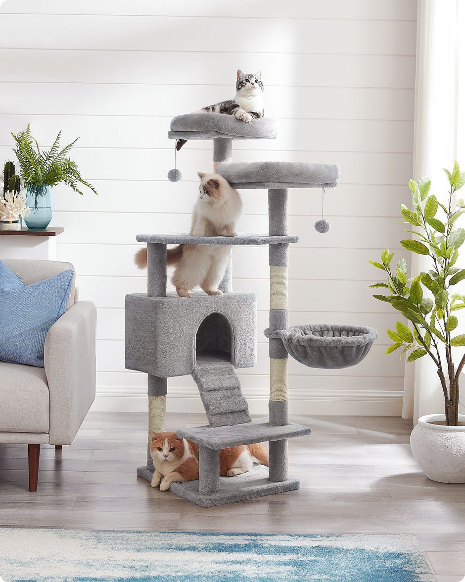 Cat Tower – Particle Board – Light Grey – Includes Hammock and Pompoms