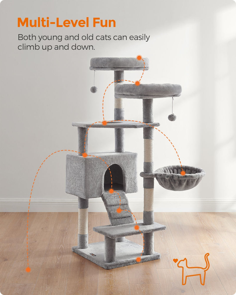 Cat Tower – Particle Board – Light Grey – Includes Hammock and Pompoms