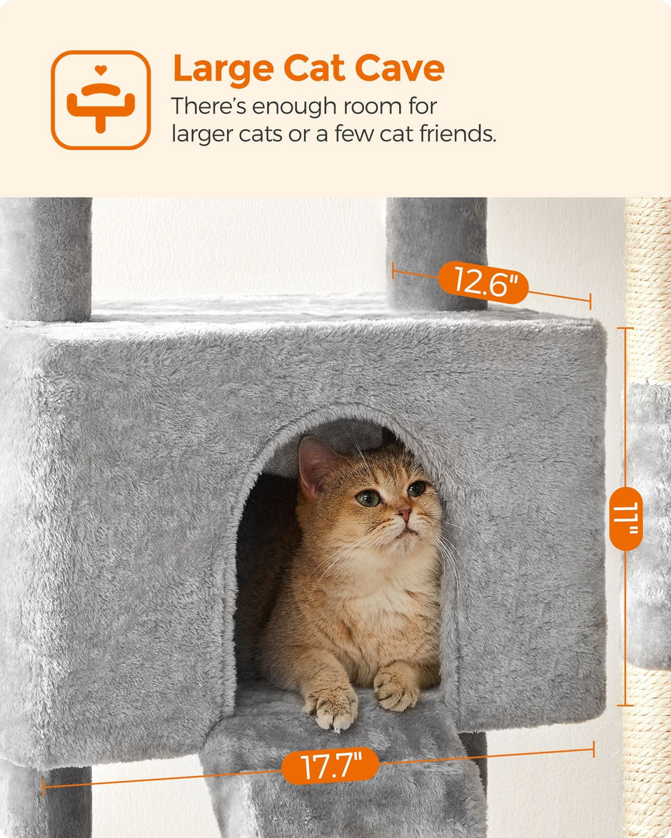 Cat Tower – Particle Board – Light Grey – Includes Hammock and Pompoms