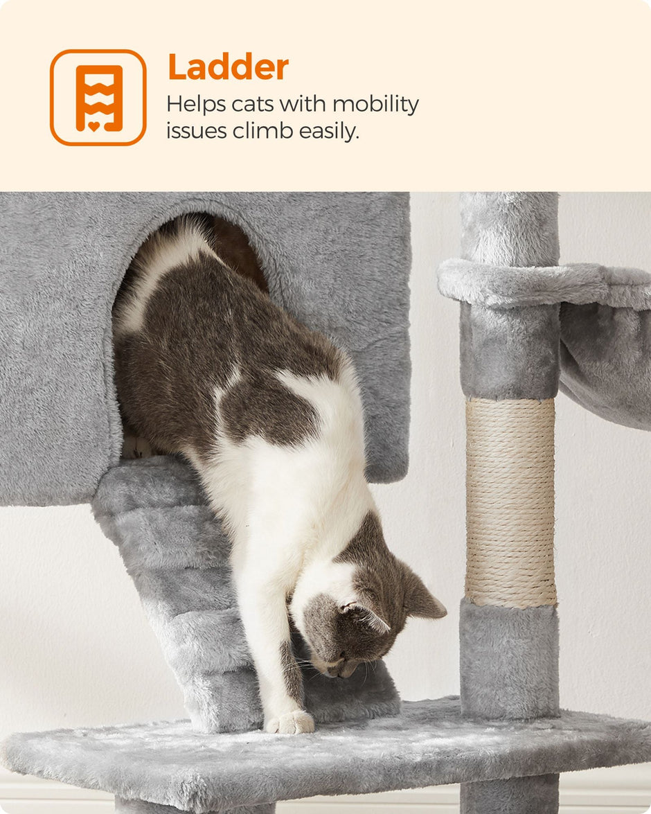 Cat Tower – Particle Board – Light Grey – Includes Hammock and Pompoms