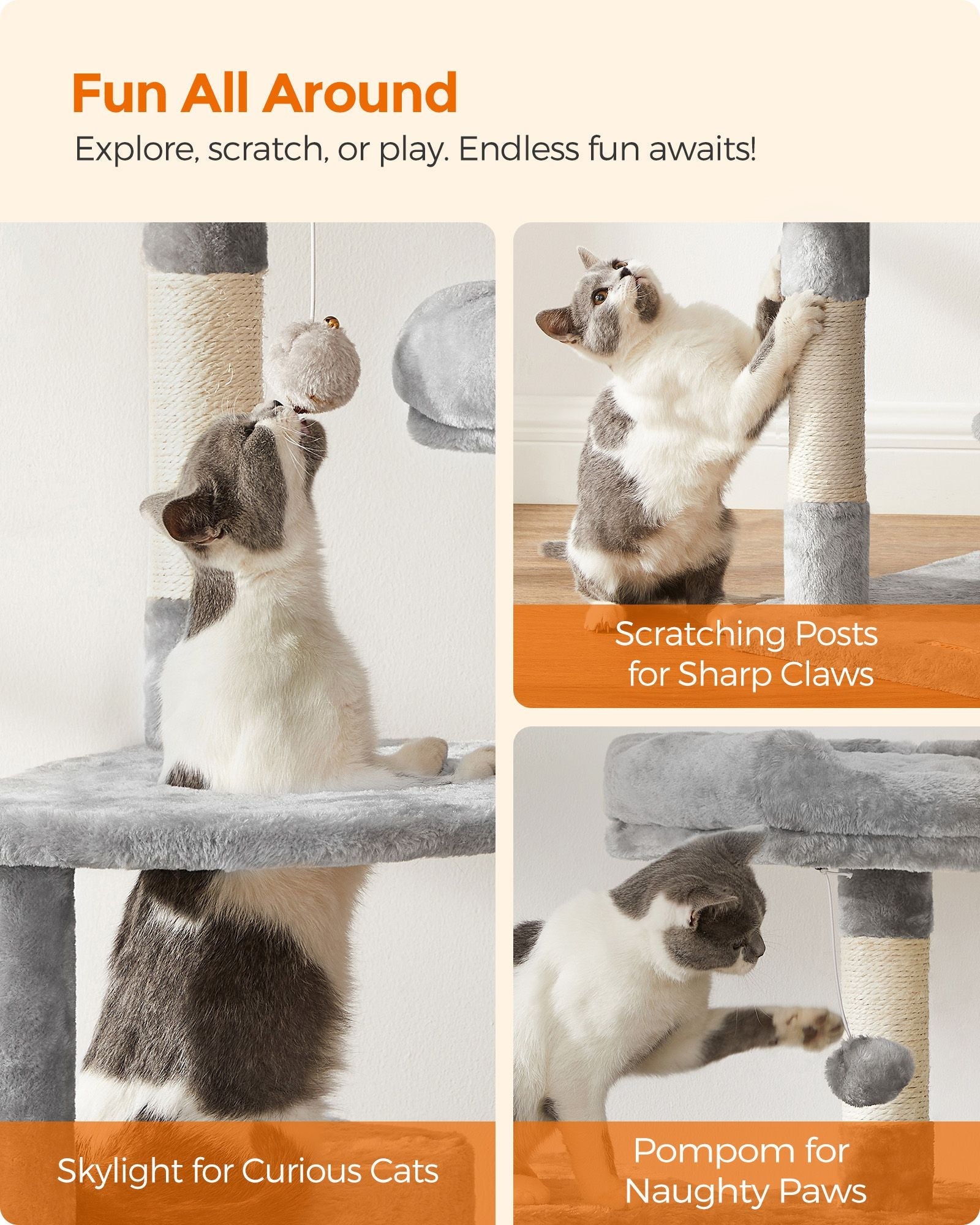 Cat Tower – Particle Board – Light Grey – Includes Hammock and Pompoms