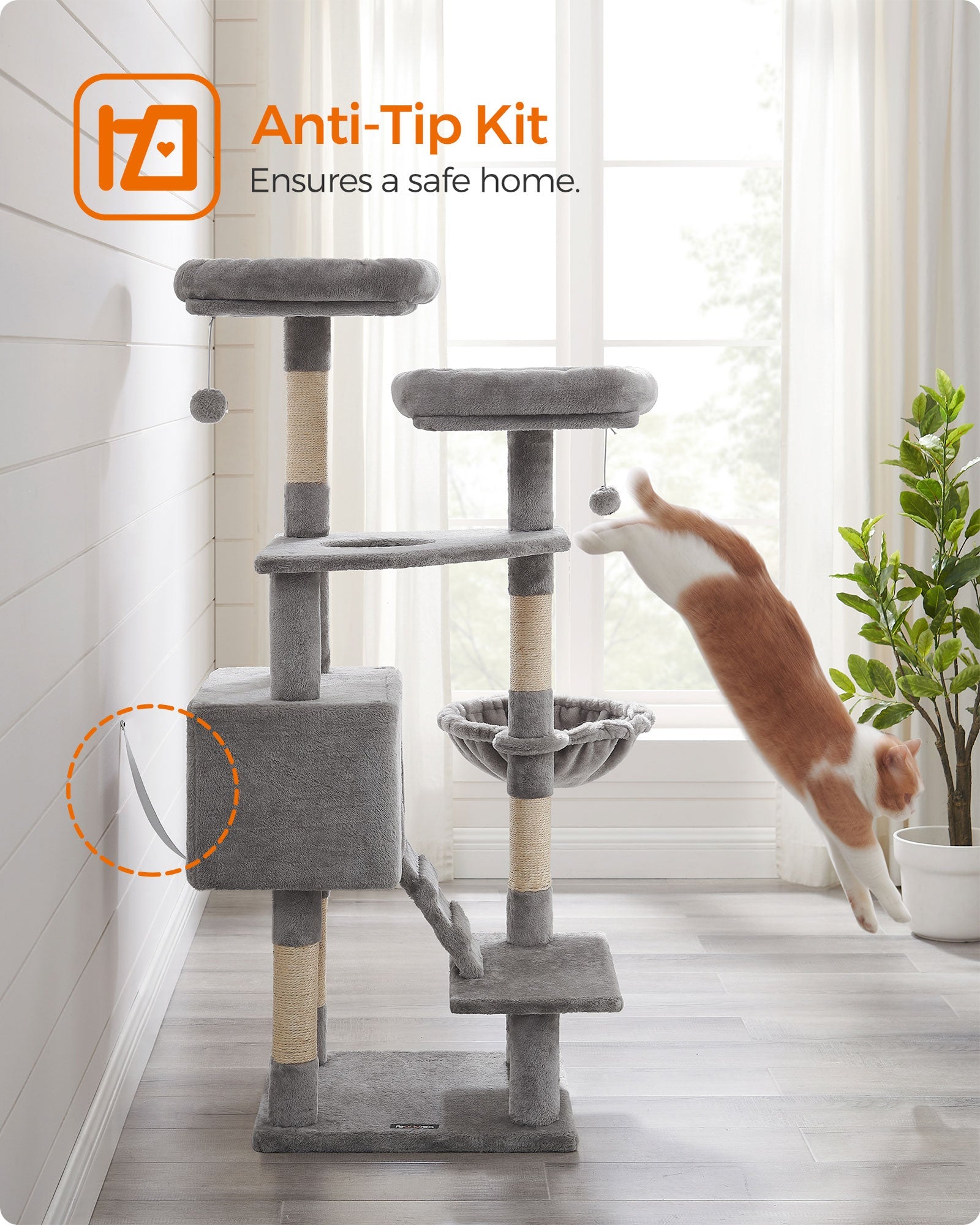 Cat Tower – Particle Board – Light Grey – Includes Hammock and Pompoms