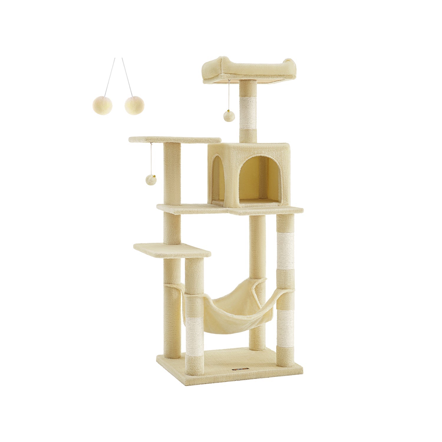 Cat Tree – Plush – Beige – Features 4 Scratching Posts and Hammock, 143 cm
