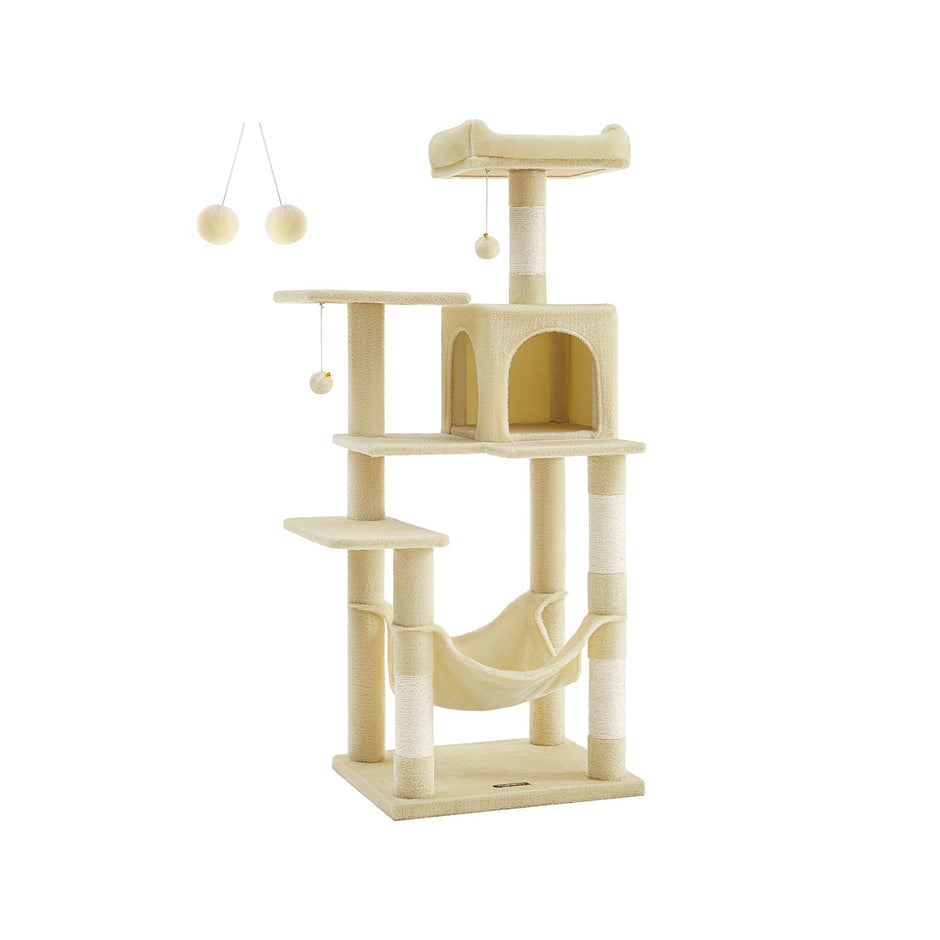 Cat Tree – Plush – Beige – Features 4 Scratching Posts and Hammock, 143 cm