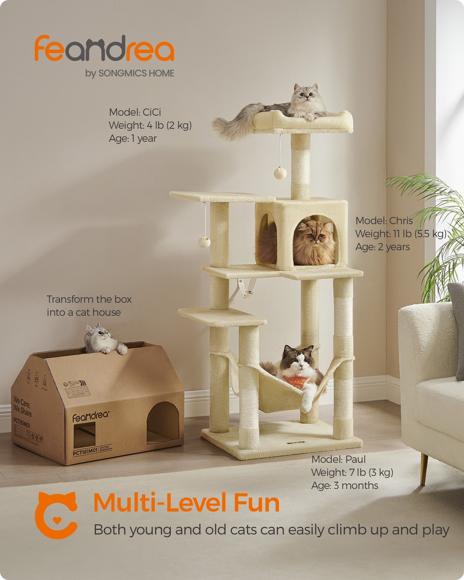 Cat Tree – Plush – Beige – Features 4 Scratching Posts and Hammock, 143 cm