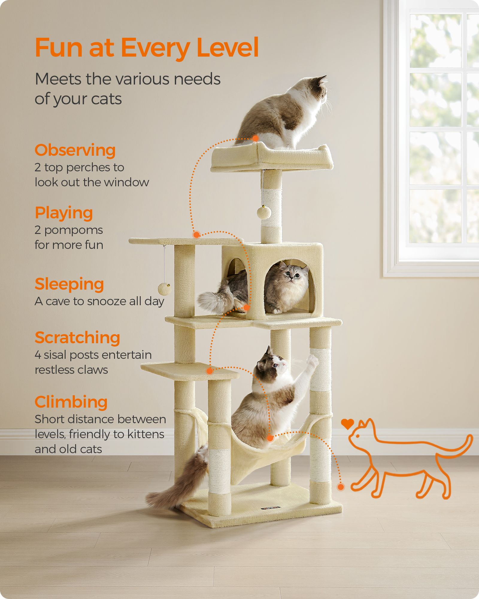 Cat Tree – Plush – Beige – Features 4 Scratching Posts and Hammock, 143 cm