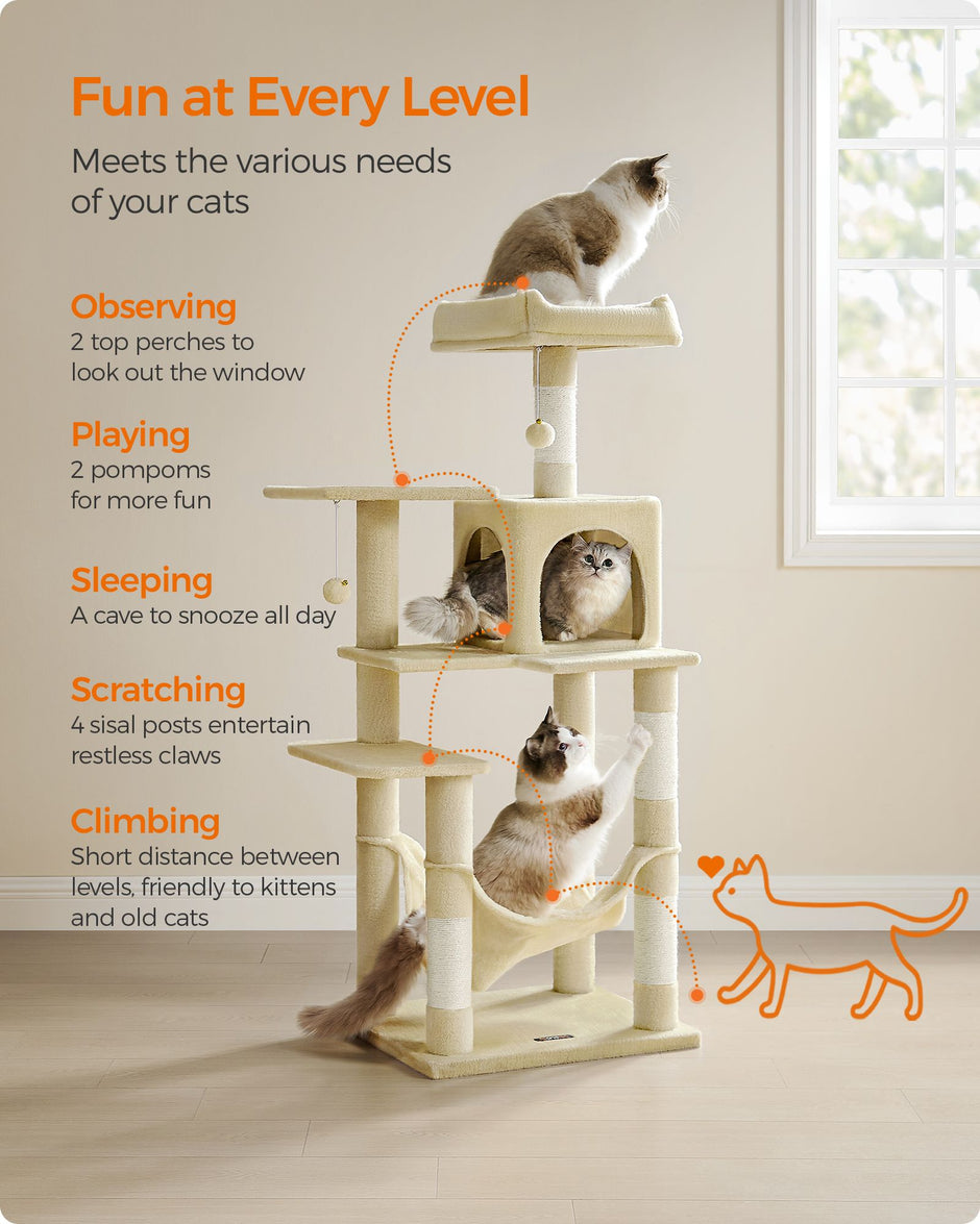 Cat Tree – Plush – Beige – Features 4 Scratching Posts and Hammock, 143 cm