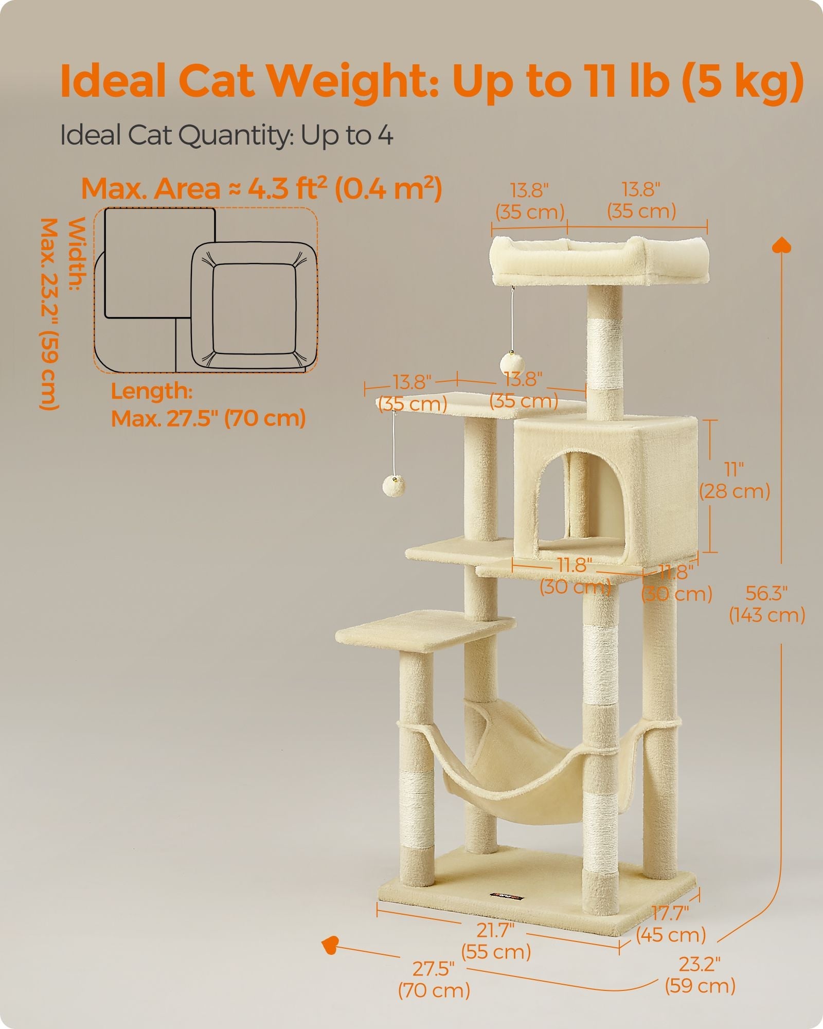 Cat Tree – Plush – Beige – Features 4 Scratching Posts and Hammock, 143 cm