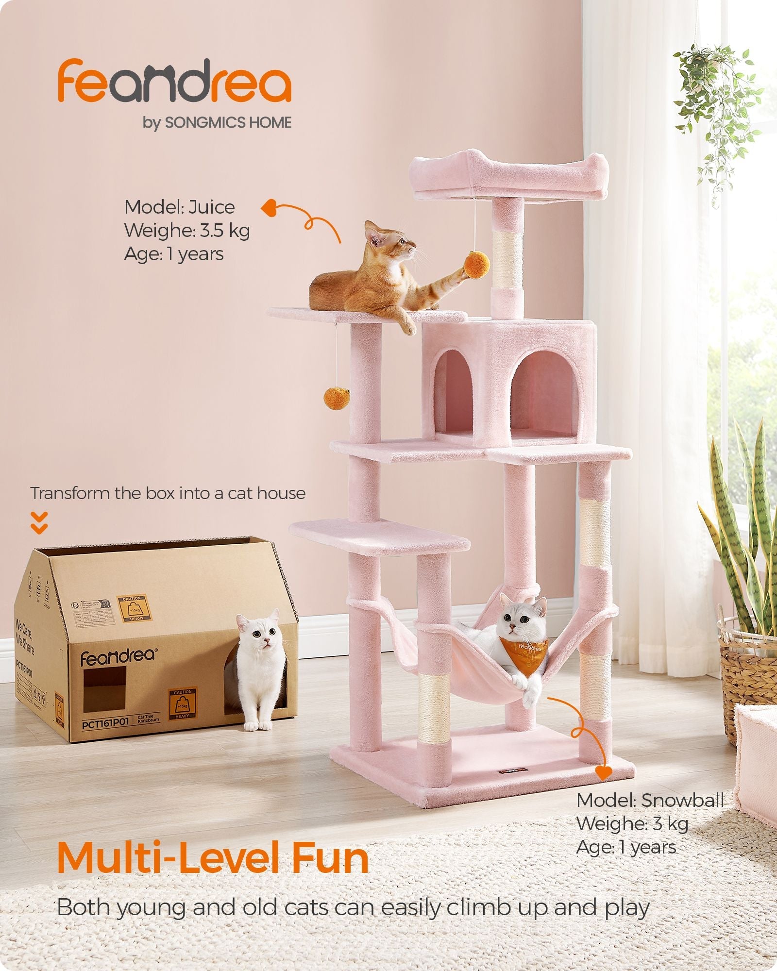 Multi-Level Cat Condo – Plush – Light Grey – Includes Scratching Posts, Perches, Cave, and Hammock