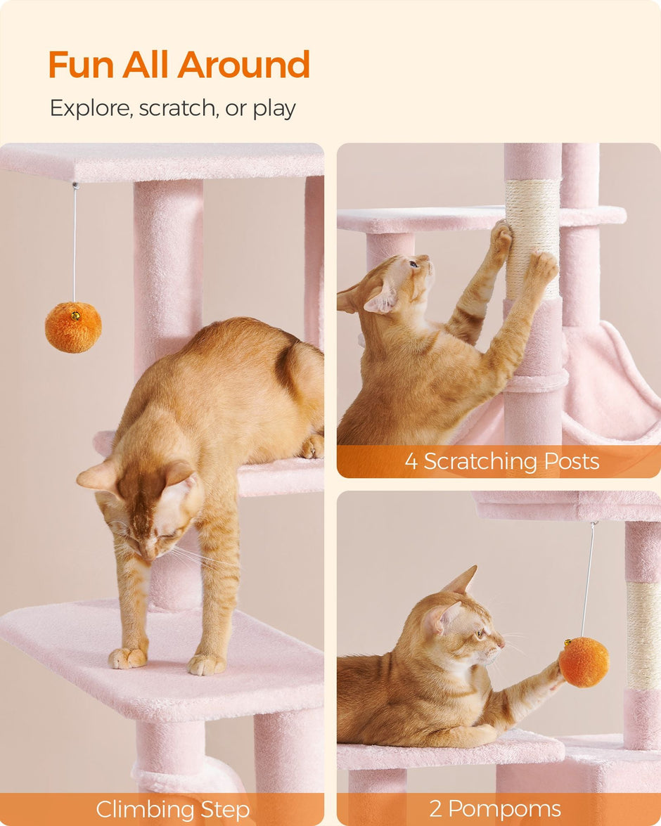 Multi-Level Cat Condo – Plush – Light Grey – Includes Scratching Posts, Perches, Cave, and Hammock