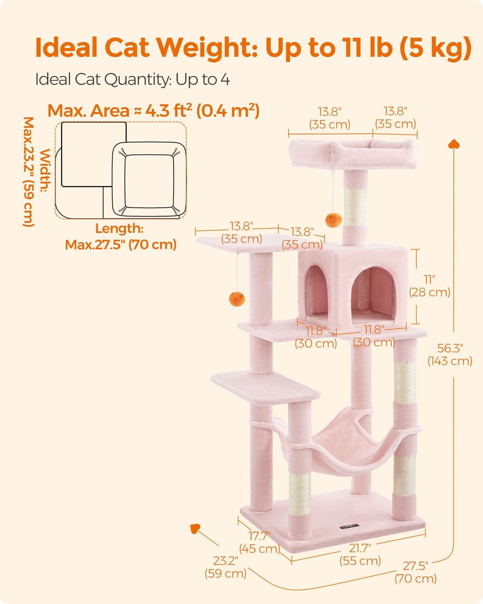 Multi-Level Cat Condo – Plush – Light Grey – Includes Scratching Posts, Perches, Cave, and Hammock